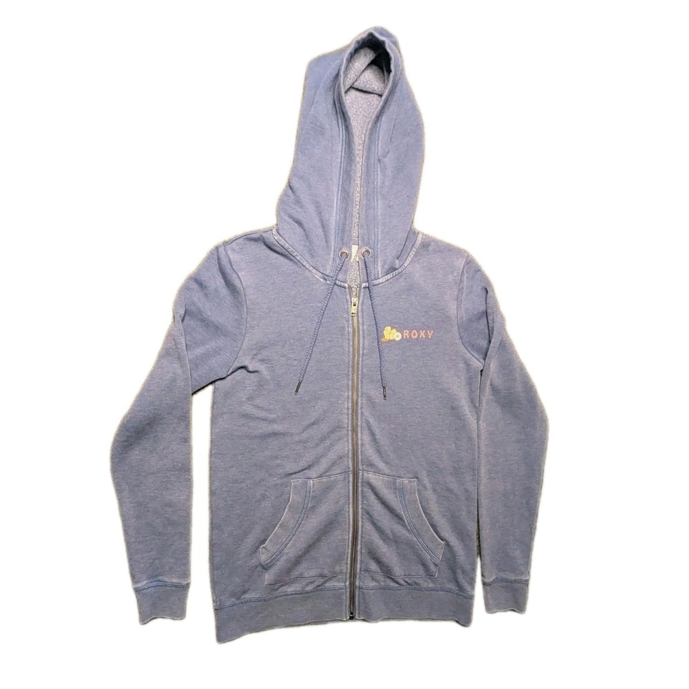 Roxy Women's Small Floral Logo Hoodie Blue Full Zip Skate Beach Y2K Long Sleeve